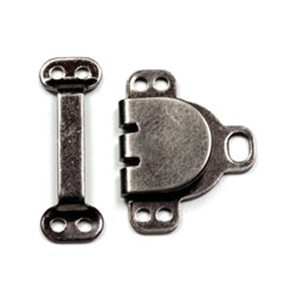 Card of three small black hook and bar fasteners