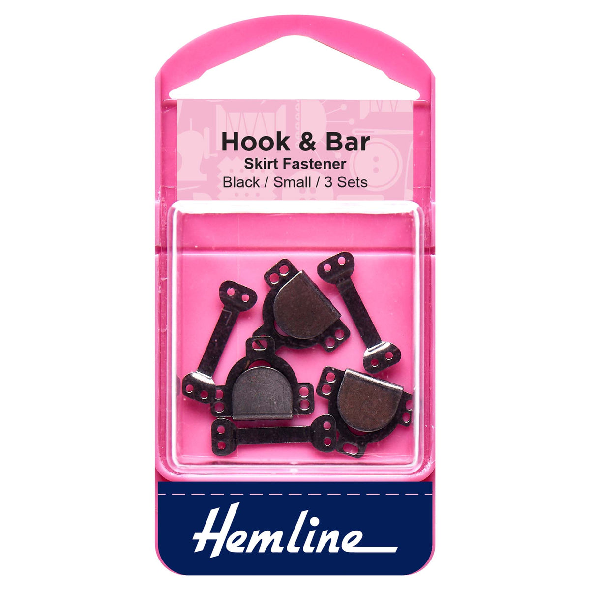 Card of three small black hook and bar fasteners
