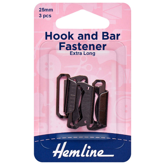 Three black Hemline 25mm hook and bar fasteners on card
