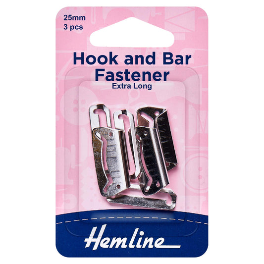 Three nickel Hemline 25mm hook and bar fasteners on card