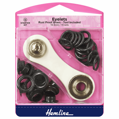 Hemline Black Eyelets Starter Kit - 10.5mm (15 Pieces)