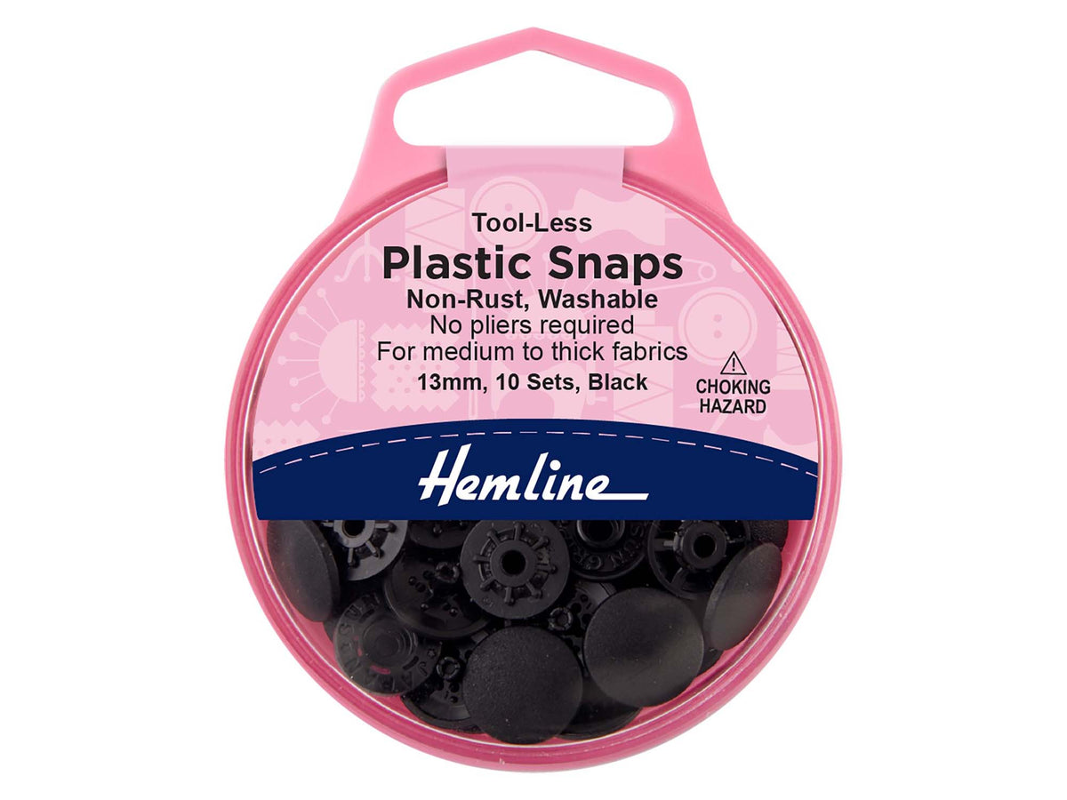 Tub of black Hemline 13mm tool-less plastic snaps