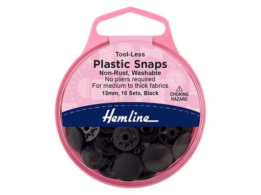Tub of black Hemline 13mm tool-less plastic snaps