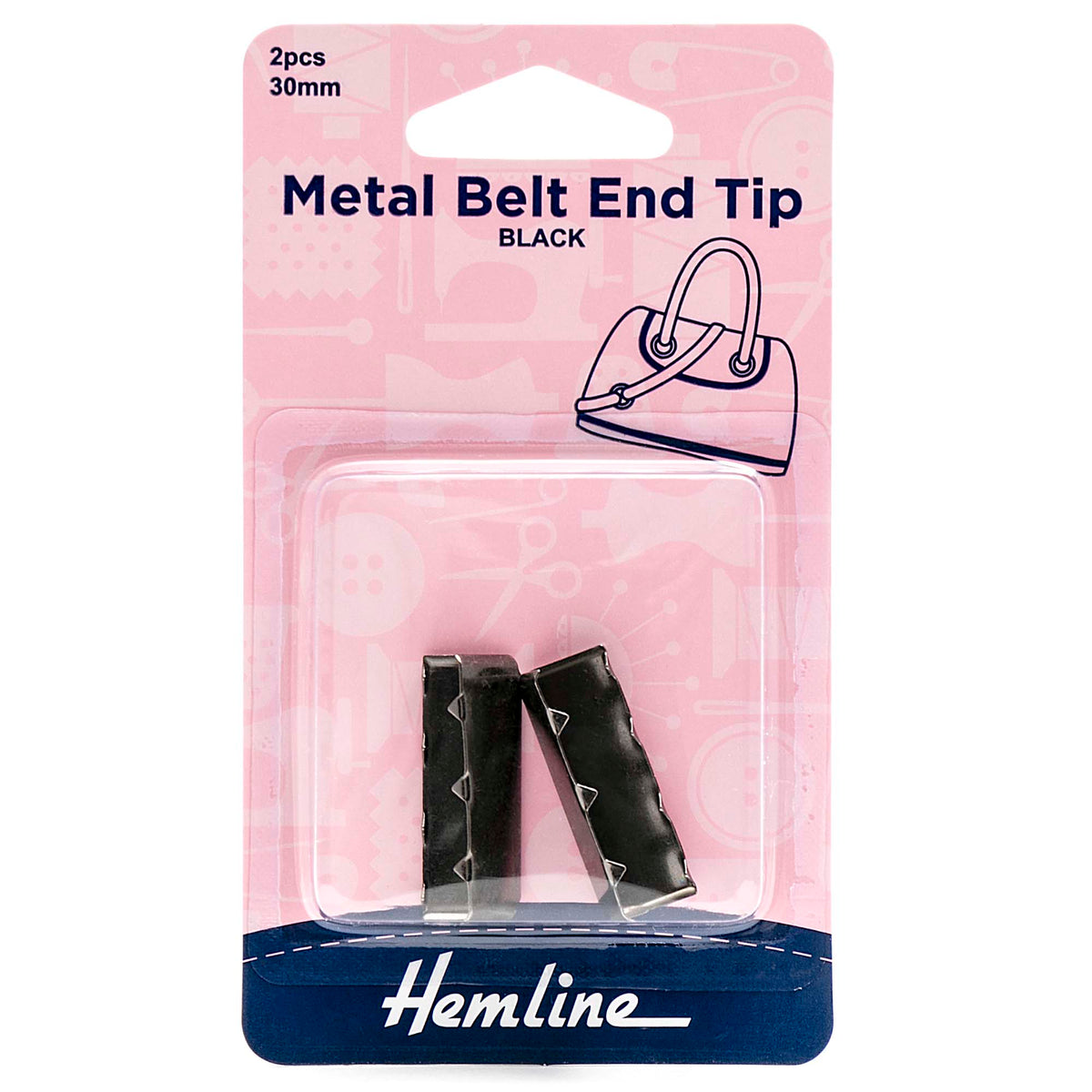 Two black metal belt end tips