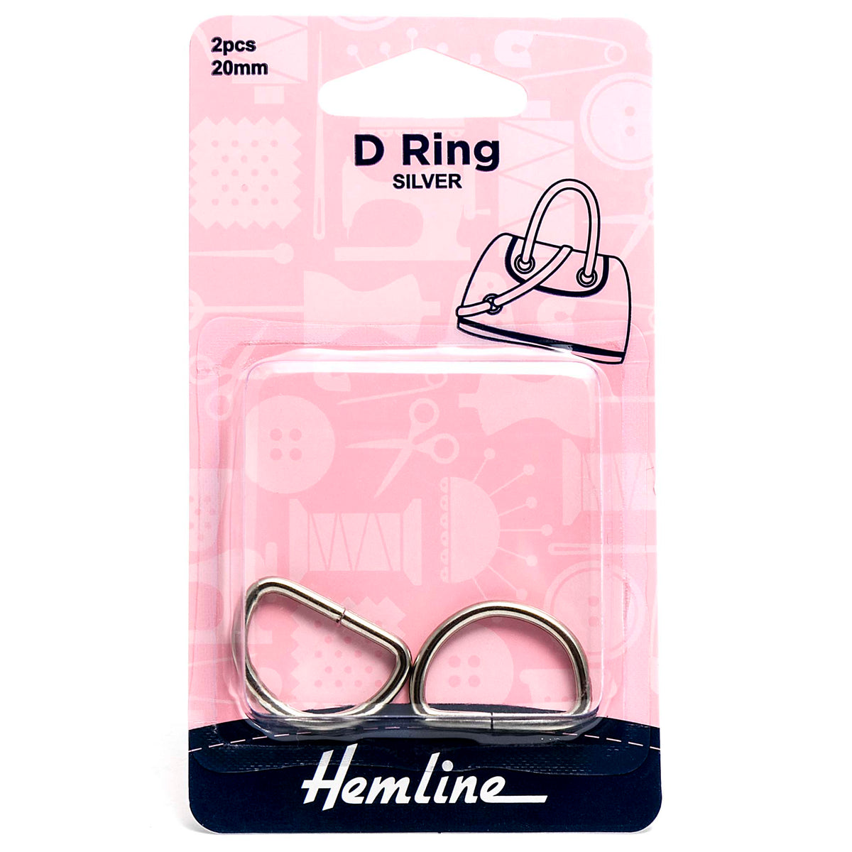 Two silver nickel D rings on a Hemline card