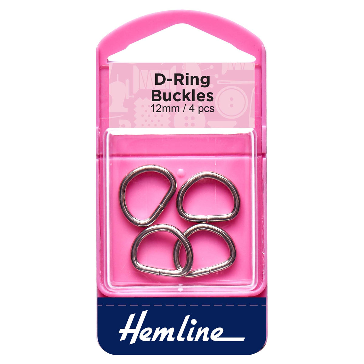 Four nickel metal D rings on a Hemline card
