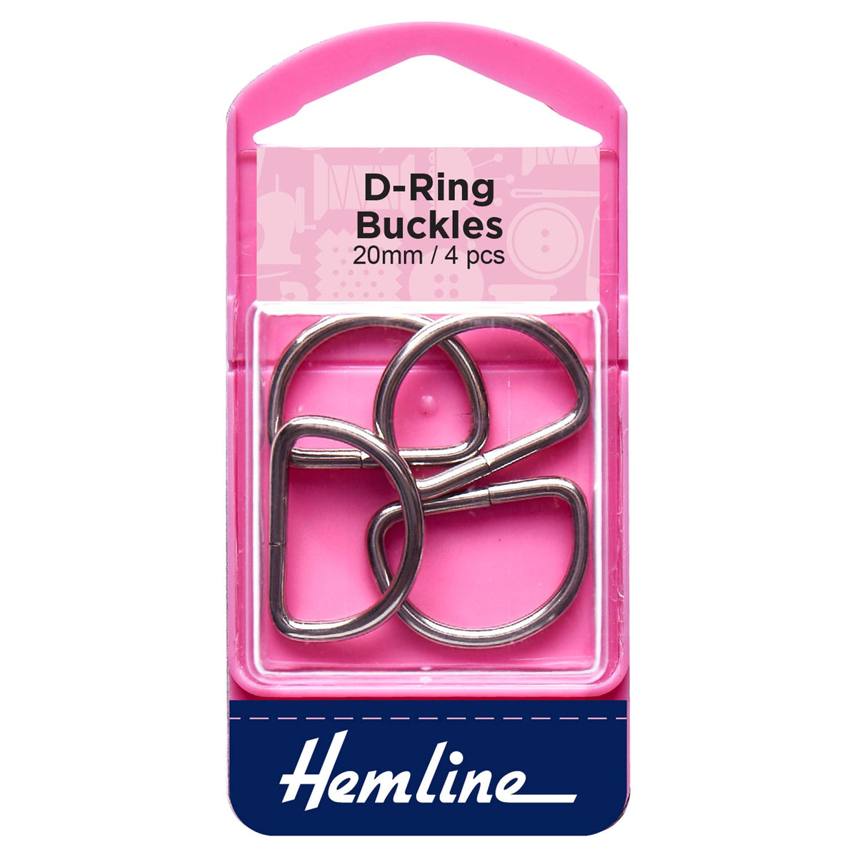 Four nickel metal D rings on a Hemline card