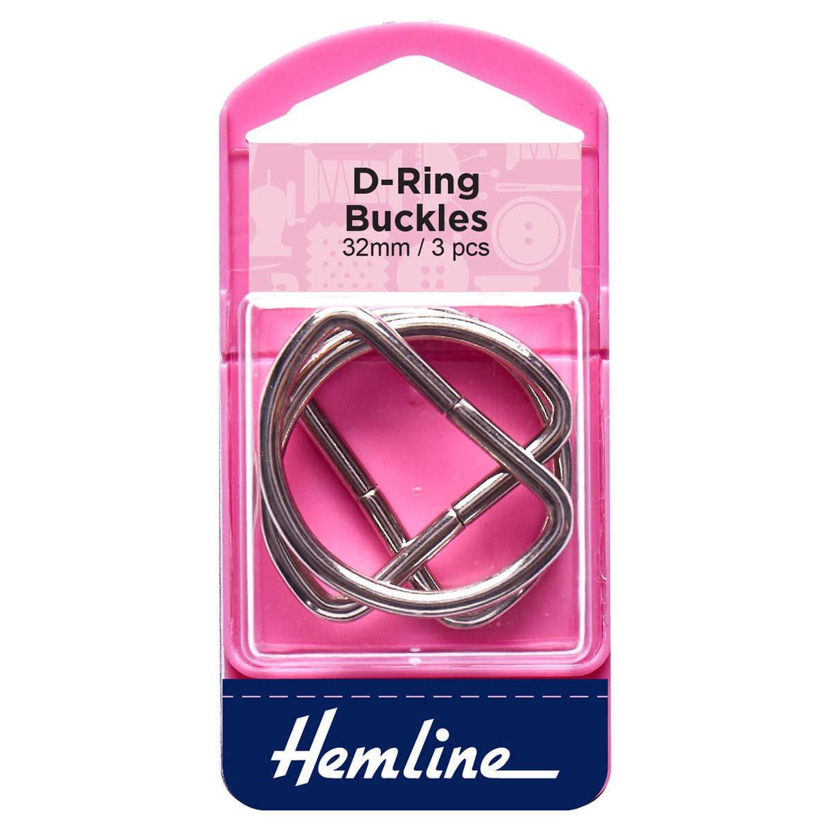 Three nickel metal D rings on a Hemline card