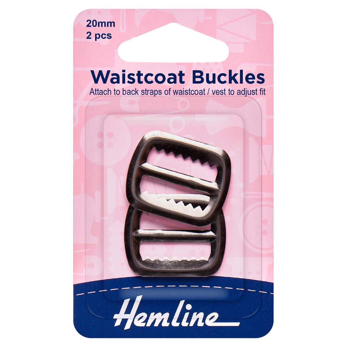 Two gunmetal 20mm waistcoat buckles on Hemline card