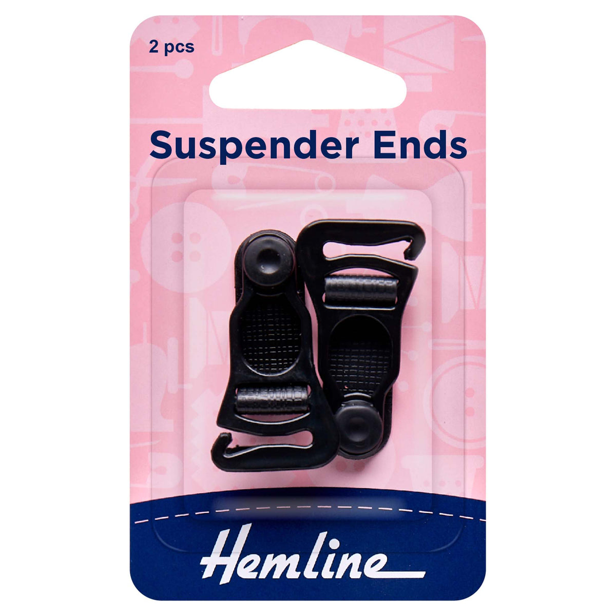 A pair of black suspender ends on a Hemline card