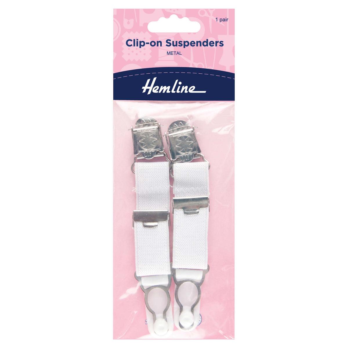 A pair of white clip-on suspenders with metal clips