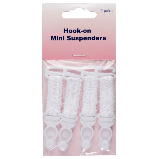 Two pairs of white hook-on mini suspenders