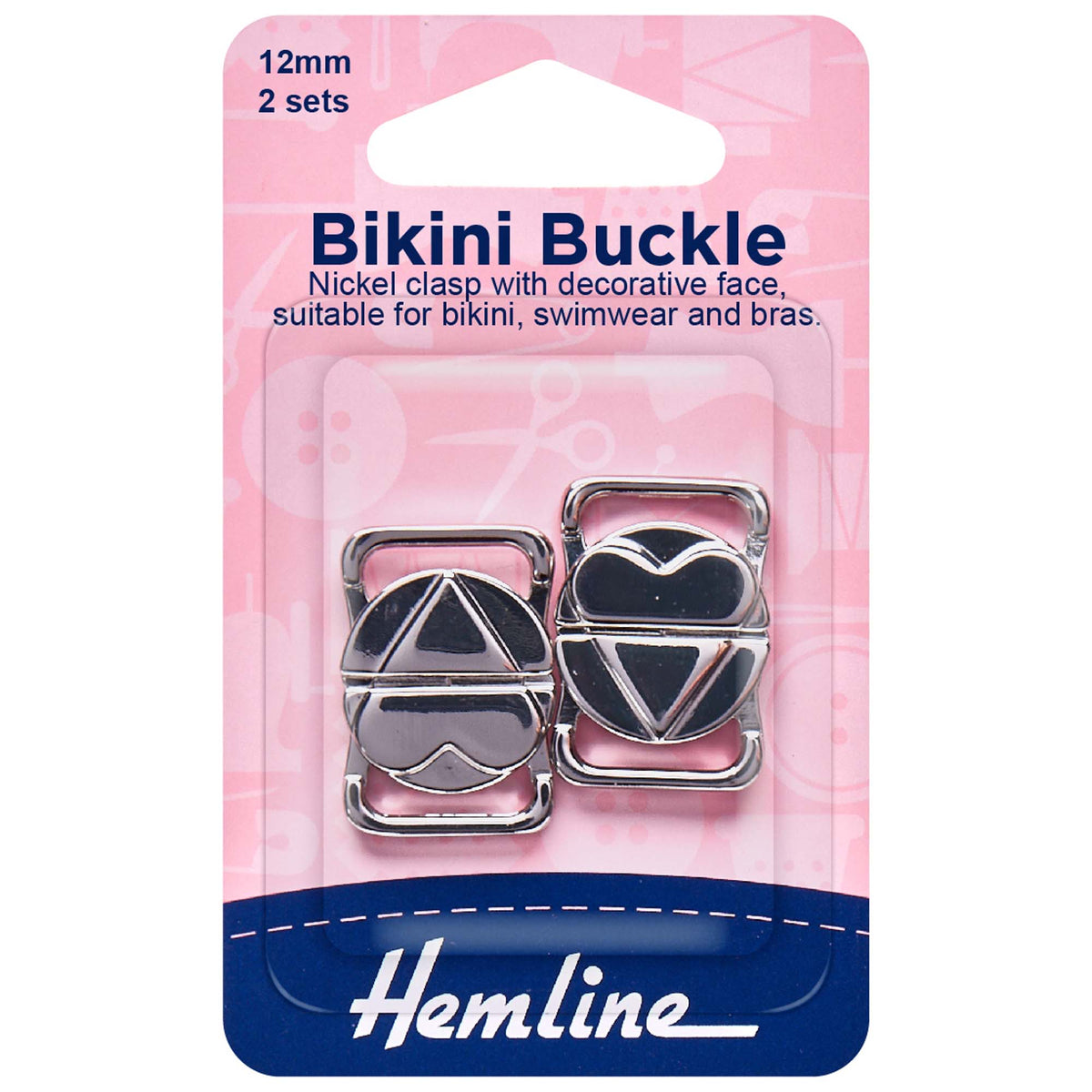 Two sets of silver nickel 12mm bikini buckles on Hemline card