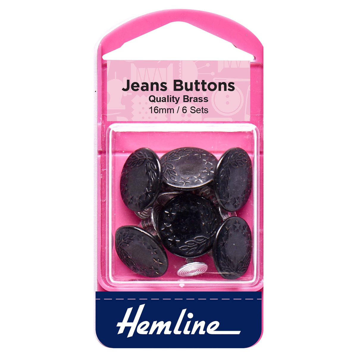 Black jeans buttons with decorative tops on a Hemline card