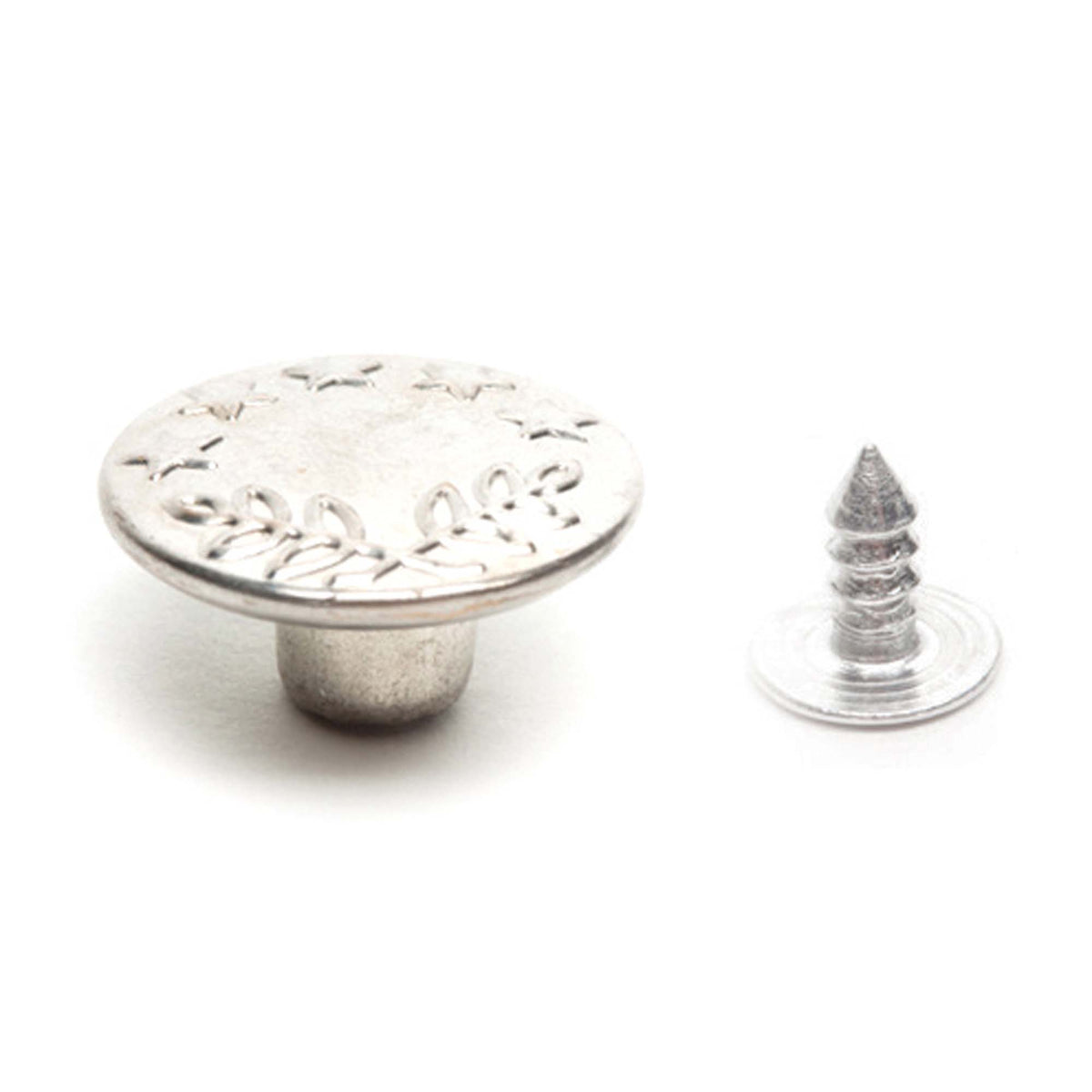Silver nickel jeans buttons with decorative tops on a Hemline card