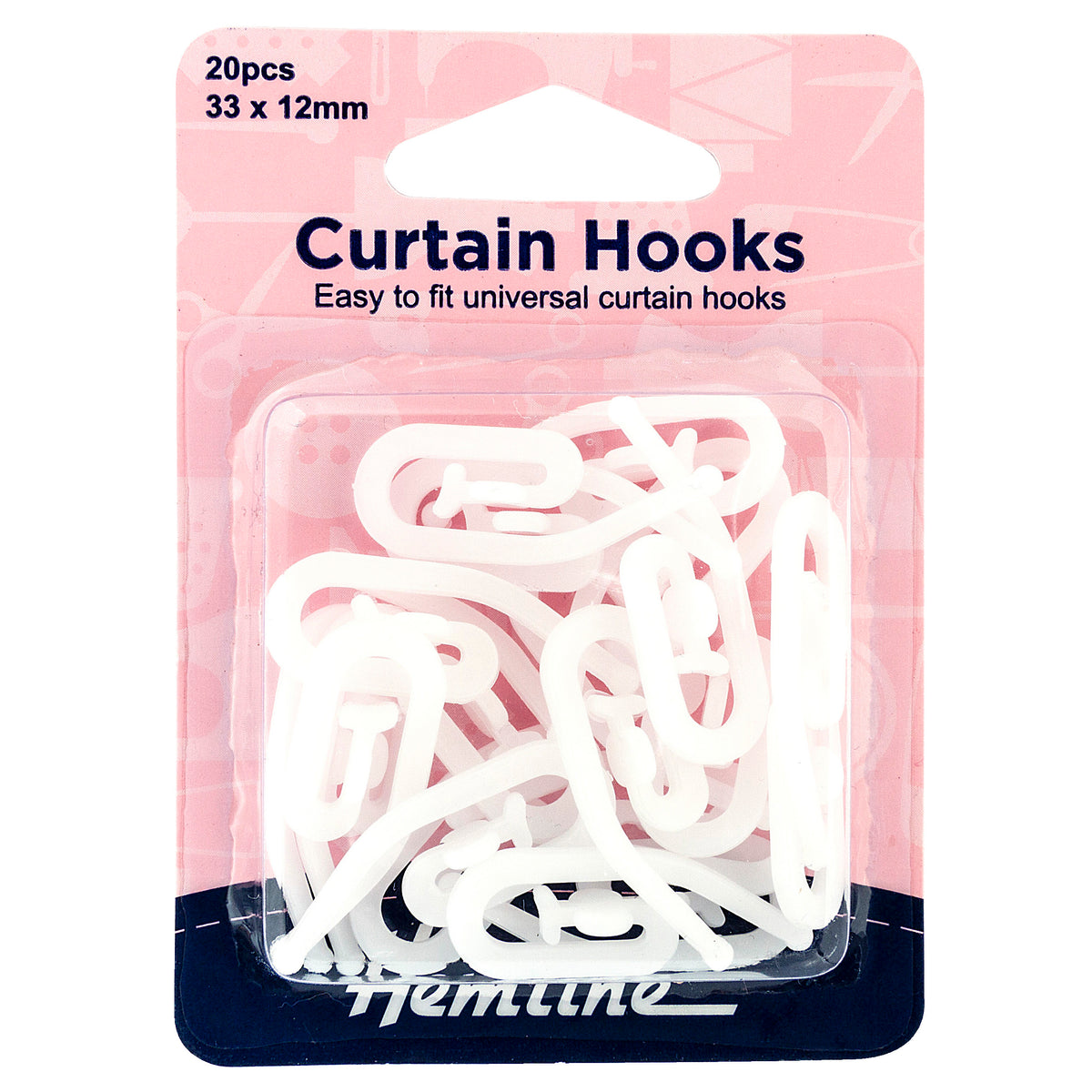 Pack of white plastic curtain hooks on Hemline card