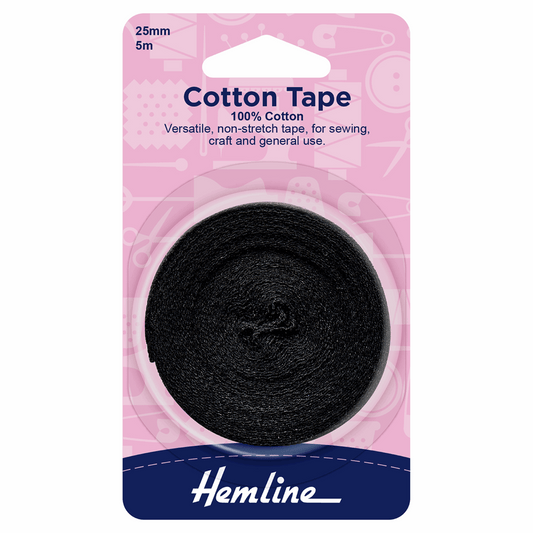 Hemline Black Cotton Tape - 5m x 25mm