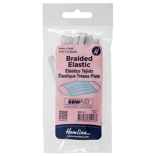 Card of white Hemline 5mm braided elastic
