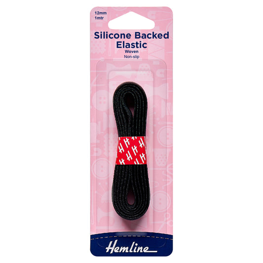 Card of black Hemline 12mm silicone backed elastic