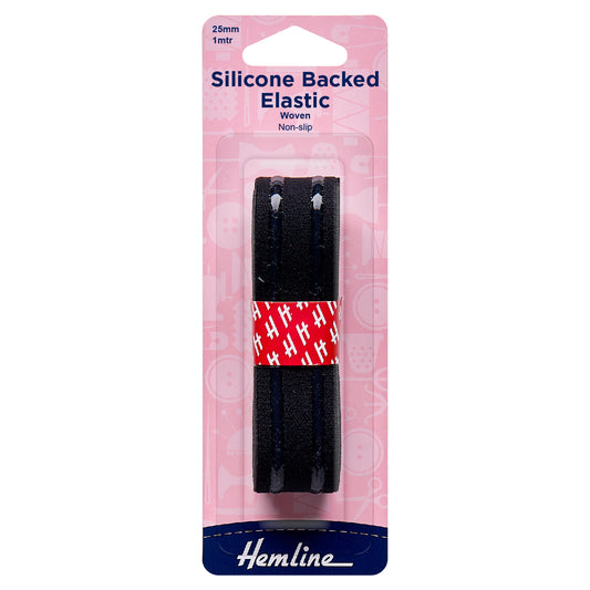 Card of black Hemline 25mm silicone backed elastic
