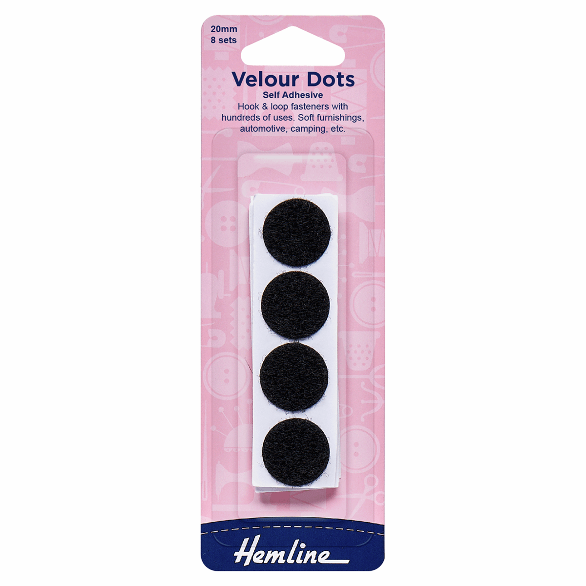 Hemline Stick-On On Black Hook and Loop Dots - 20mm (8 Sets)