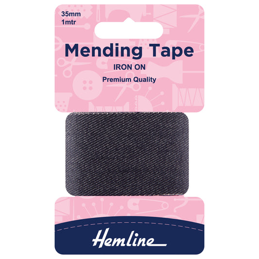 Denim blue iron-on mending tape in its Hemline packet