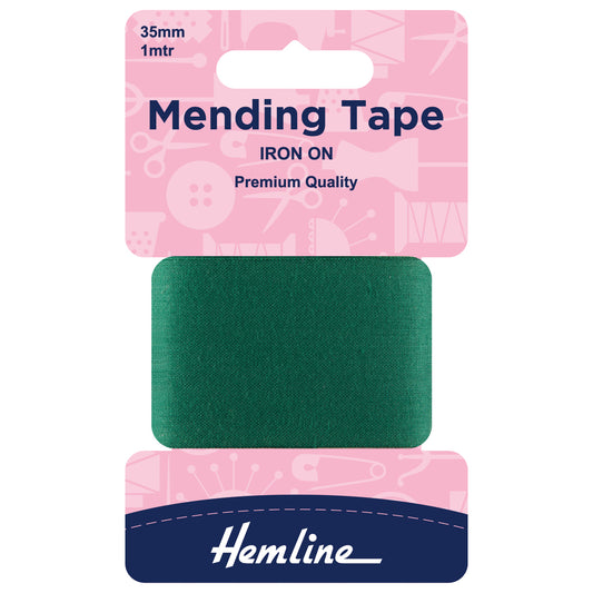 Green iron-on mending tape in its Hemline packet