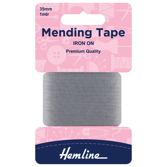 Mid grey iron-on mending tape in its Hemline packet