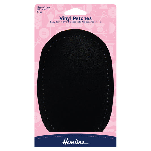 Two Hemline black vinyl patches in their pack