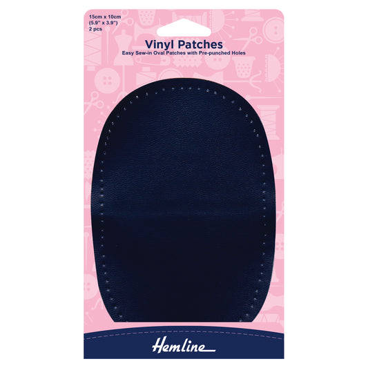 Two Hemline navy vinyl patches in their pack