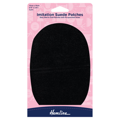 Two black imitation suede elbow patches with stitching holes