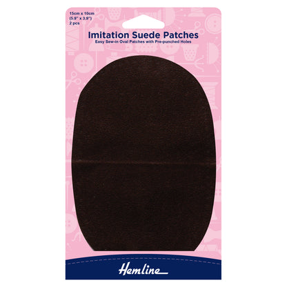 Two brown imitation suede elbow patches with stitching holes