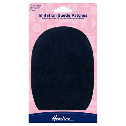 Two navy imitation suede elbow patches with stitching holes