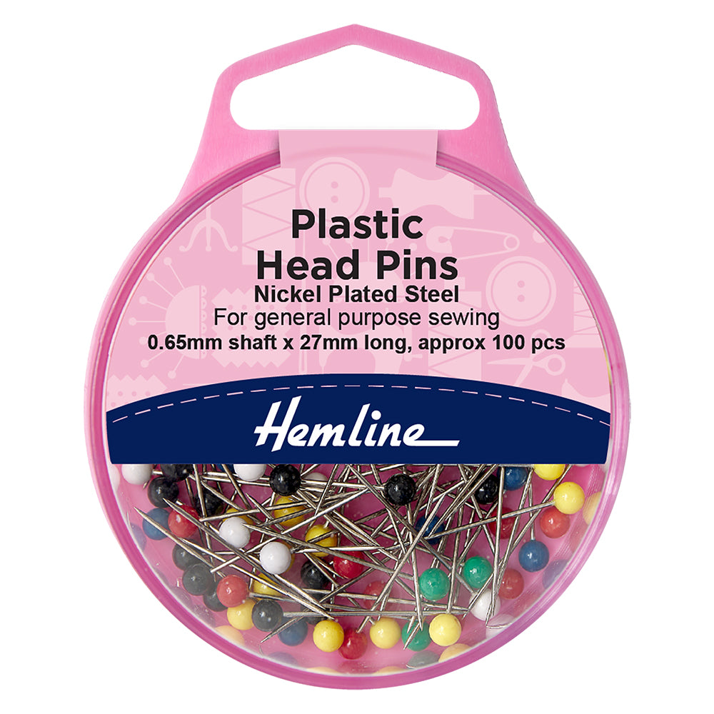 Hemline case of coloured plastic head pins