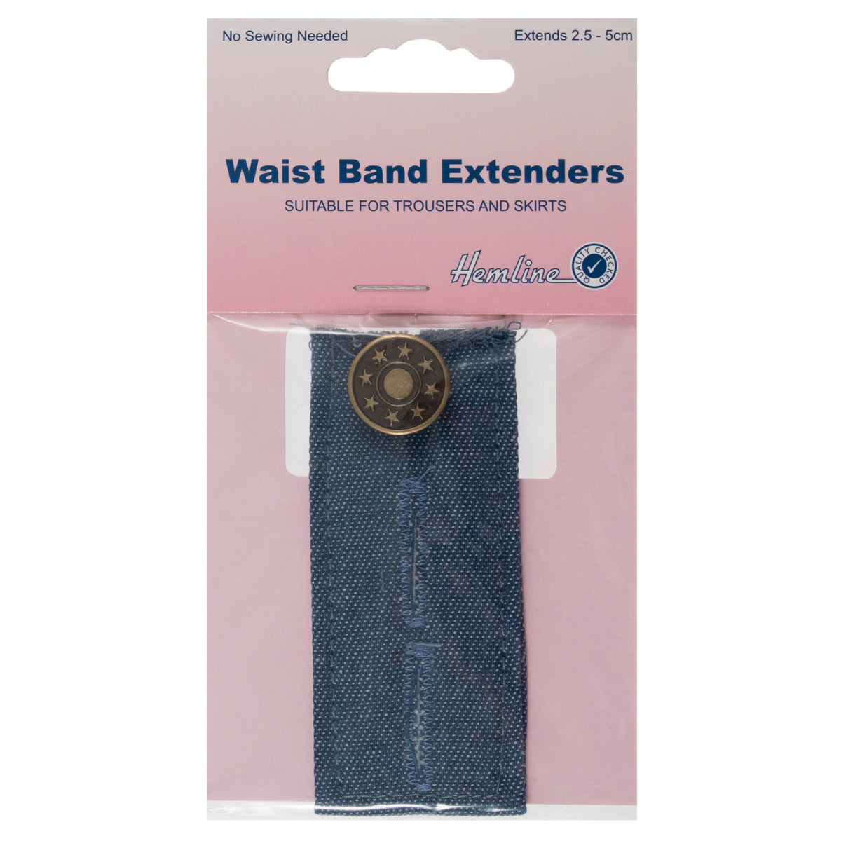 Medium denim waistband extender button on its card