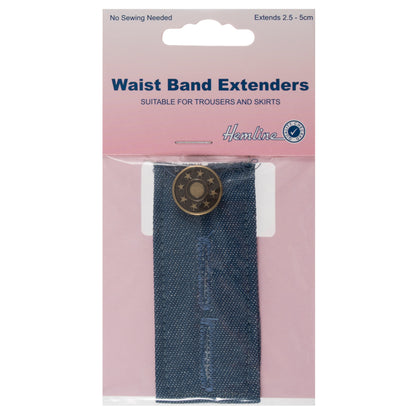 Medium denim waistband extender button on its card