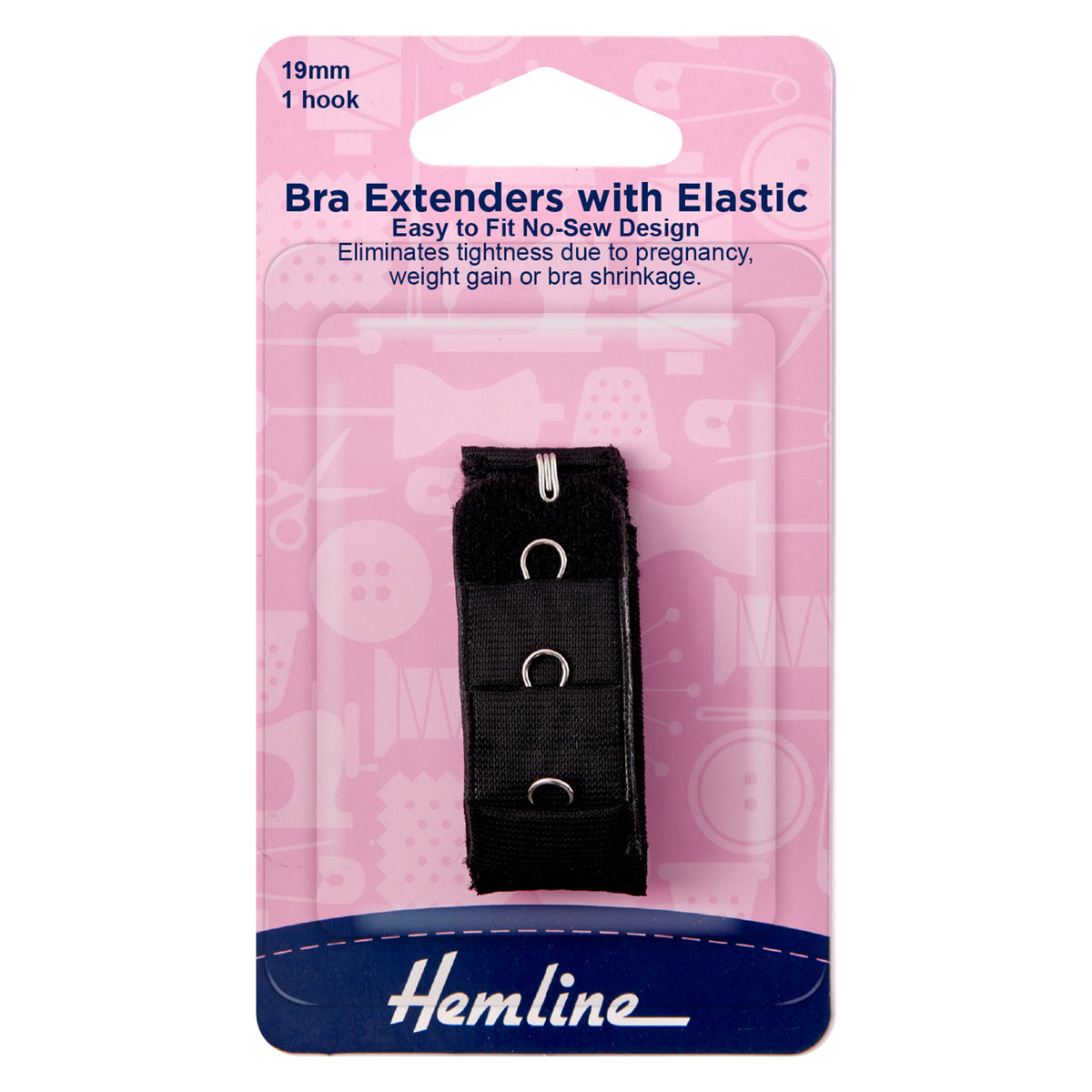 Black bra back extender on a Hemline card