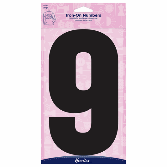 Hemline Black Iron-On Number 9 - 20cm (Large)