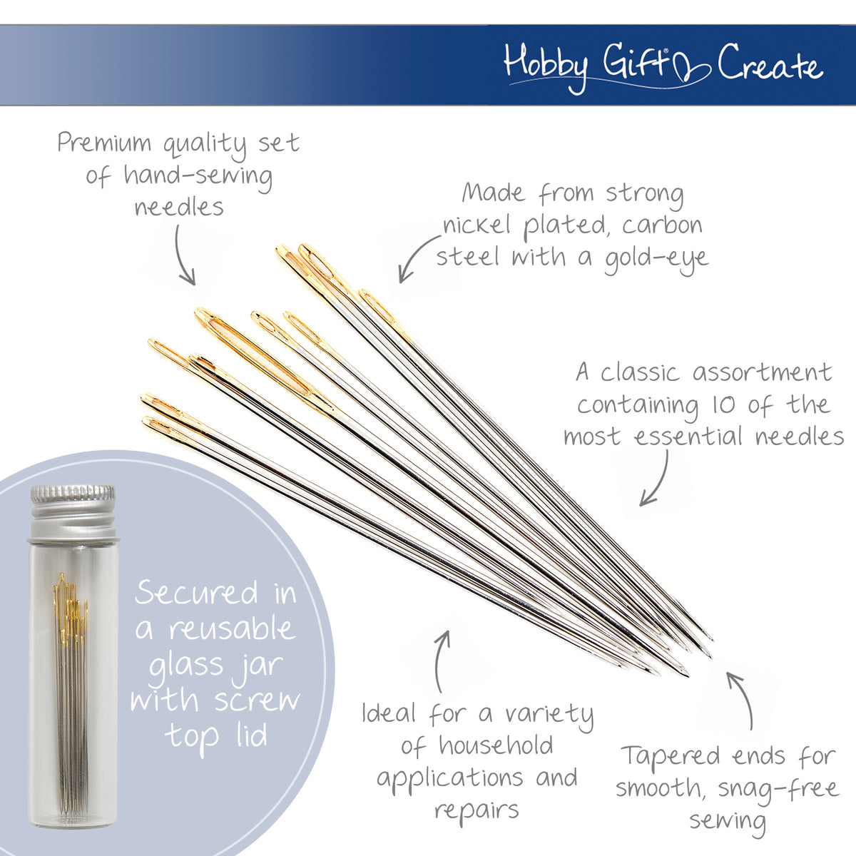 Glass jar of gold eye hand sewing needles