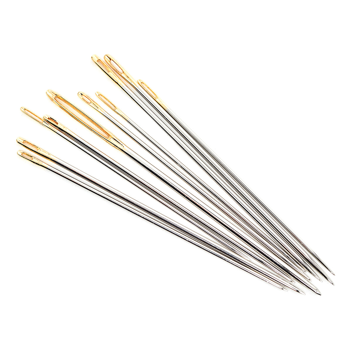 Glass jar of gold eye hand sewing needles