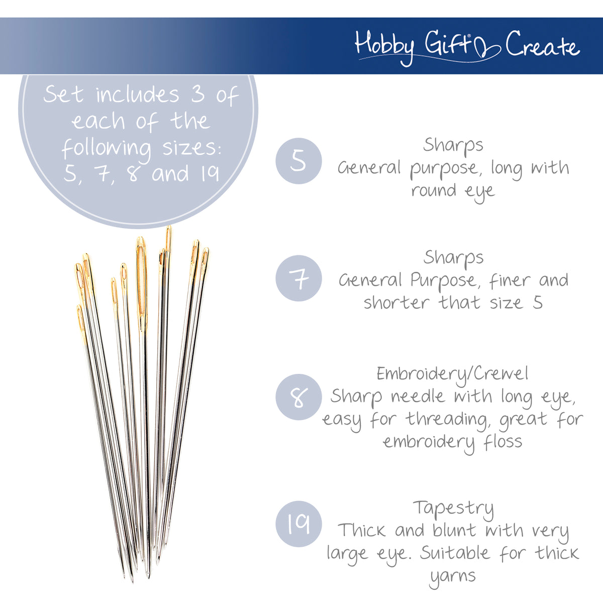 Glass jar of gold eye hand sewing needles