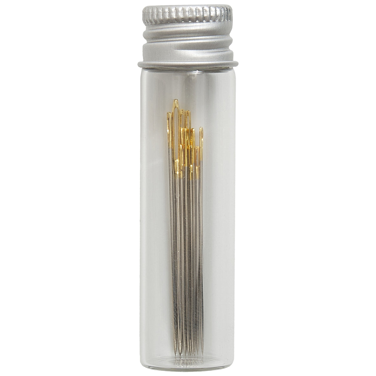 Glass jar of gold eye hand sewing needles
