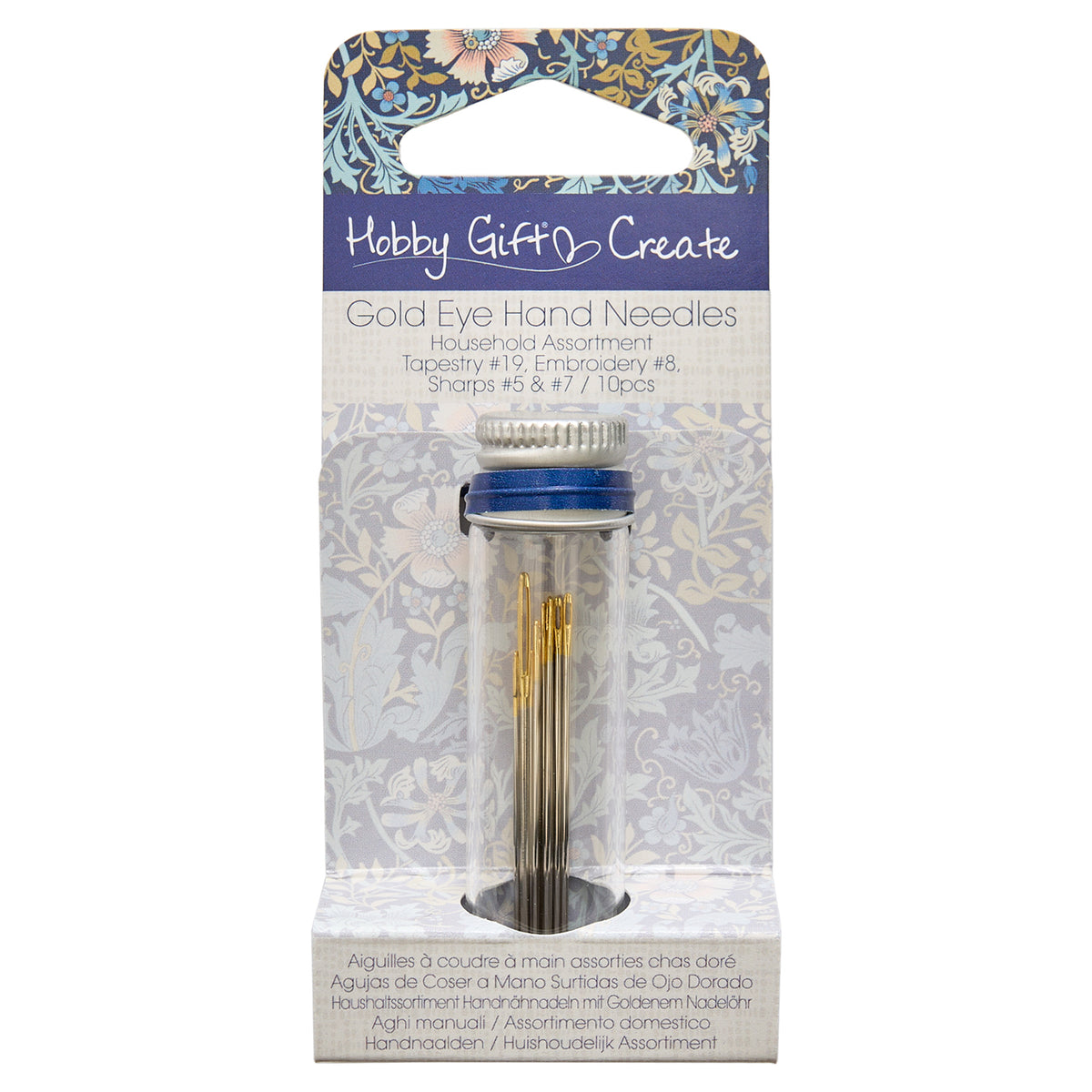 Glass jar of gold eye hand sewing needles