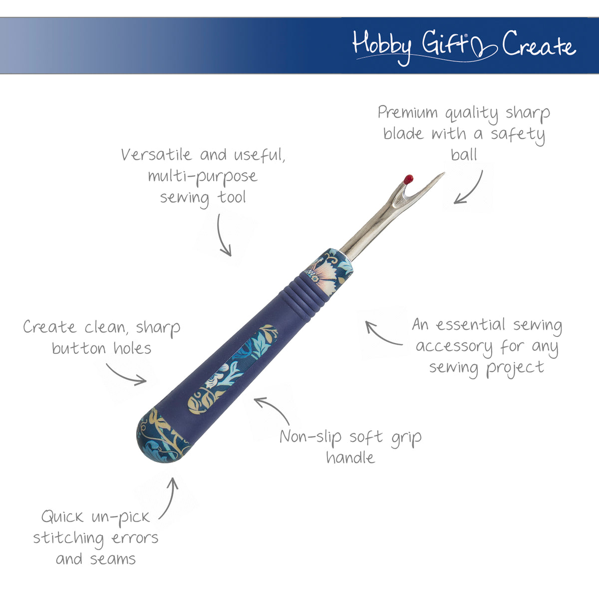 Printed seam ripper with dark blue soft grip