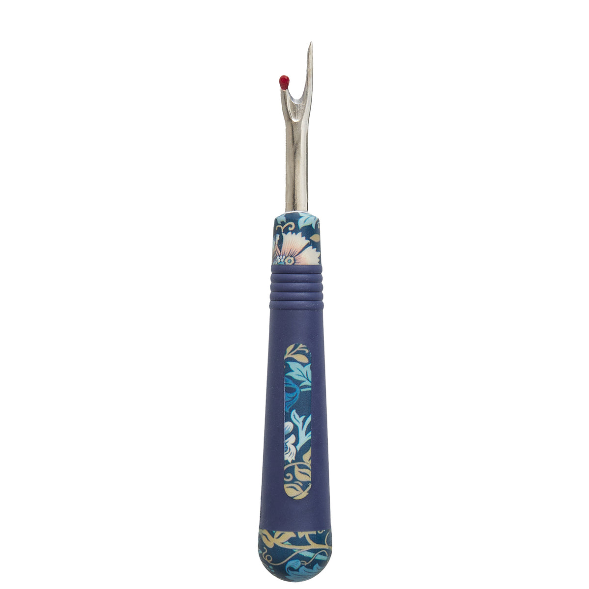 Printed seam ripper with dark blue soft grip