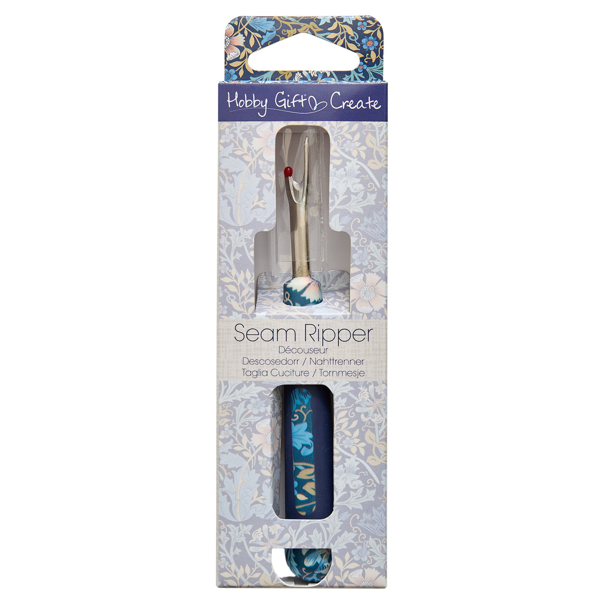 Printed seam ripper with dark blue soft grip