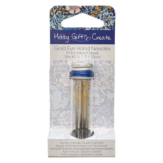 Glass jar of gold eye embroidery needles