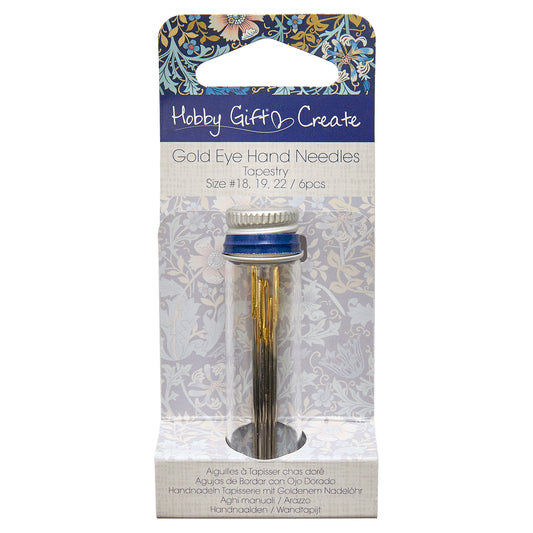 Glass jar of gold eye tapestry needles