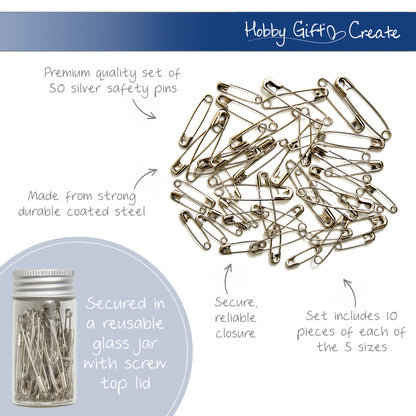 Glass jar of assorted silver safety pins