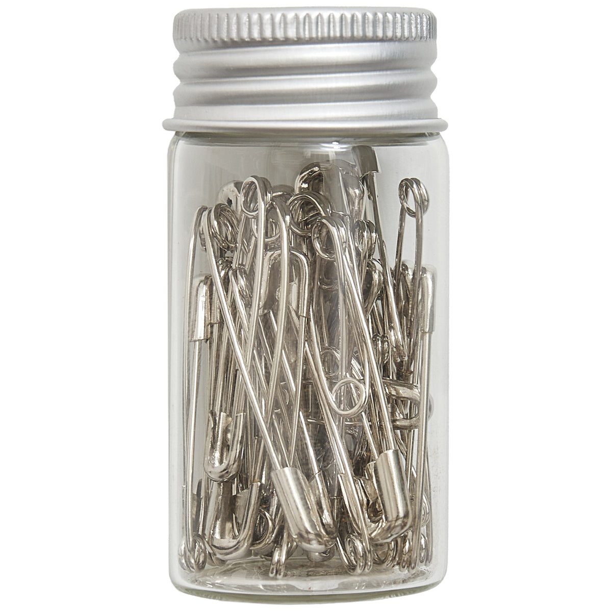 Glass jar of assorted silver safety pins